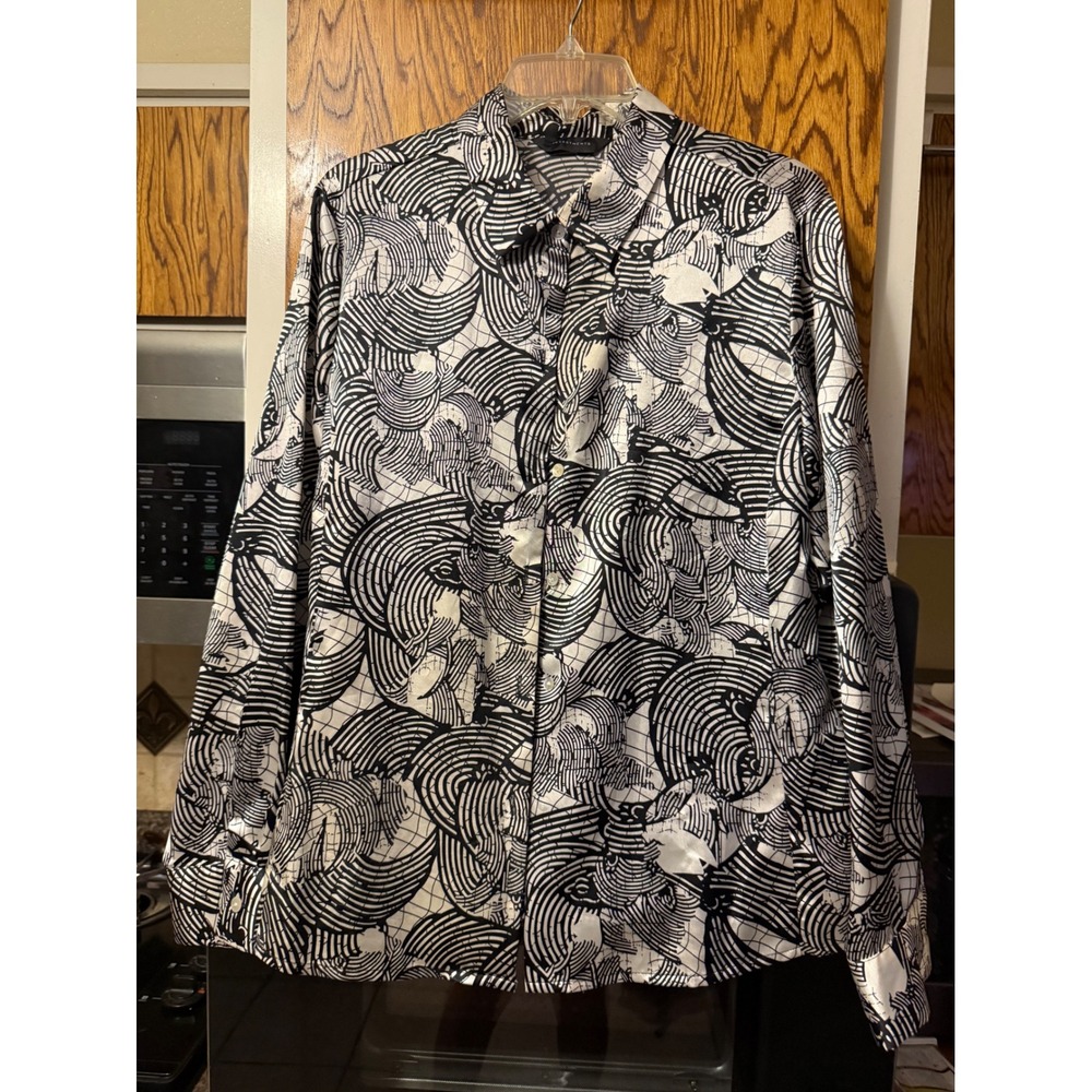 Investments Womens Black White Abstract Swirl Print Button Down Shirt Blouse